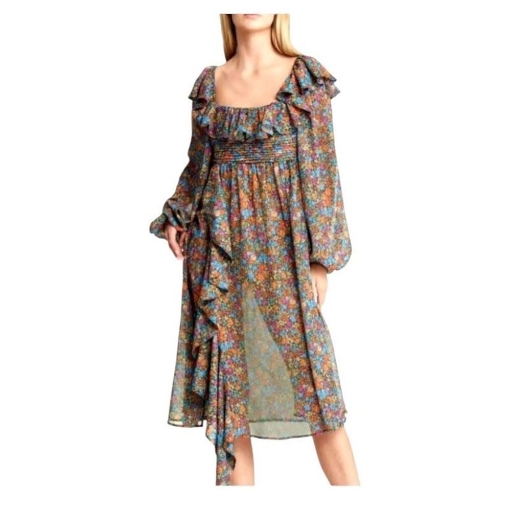 For Love & Lemons Brittany Floral Midi Dress Smocked Ruffle Medium NWT Romantic